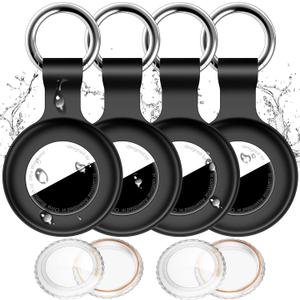 Compatible with Apple Airtag Holder with Keychain,IPX8 Waterproof GPS Cover for Air-Tags Shockproof [Anti-Scratch] Item Finders Case for Pets,Bags,Kids,Luggage,Keys-4*Black
