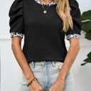 Tankaneo Womens Puff Short Sleeve Tops Summer Dressy Casual Crew Neck Work Blouses 2026 Leopard Loose Fit T Shirt (Black, XL)