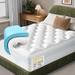 OhGeni Cooling 4 lnch Queen Size Dual Layer Mattress Topper, 2 Inch Gel Memory Foam, 2 Inch Soft Pillow Top Pad, Guest Bedroom Essentials Mattresses Cover, Extra Comfortable Sleep and Back Pain Relief