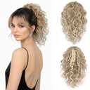 Clip on Ponytails for Women - 12 Inch Curly Ponytail Extension, Curly Pony Tails Hair Extensions, Synthetic Clip in Ponytail Hair Extensions (Color: Ash Blonde with White Highlights)