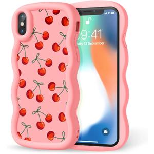 Compatible with iPhone X/iPhone Xs Case for Women Girls, Curly Wavy Frame with Cute Pattern, Aesthetic Slim Soft Silicone TPU Bumper Shockproof Phone Case for iPhone X/XS - Bow Cherry