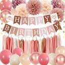 Birthday Decorations for Women, Retro Blush Pink Party Balloons Boho Happy Birthday Banner Paper Pompoms Tassel Garland, Neutral Rustic Birthday Party Dcor Supplies Girls Boys Adults