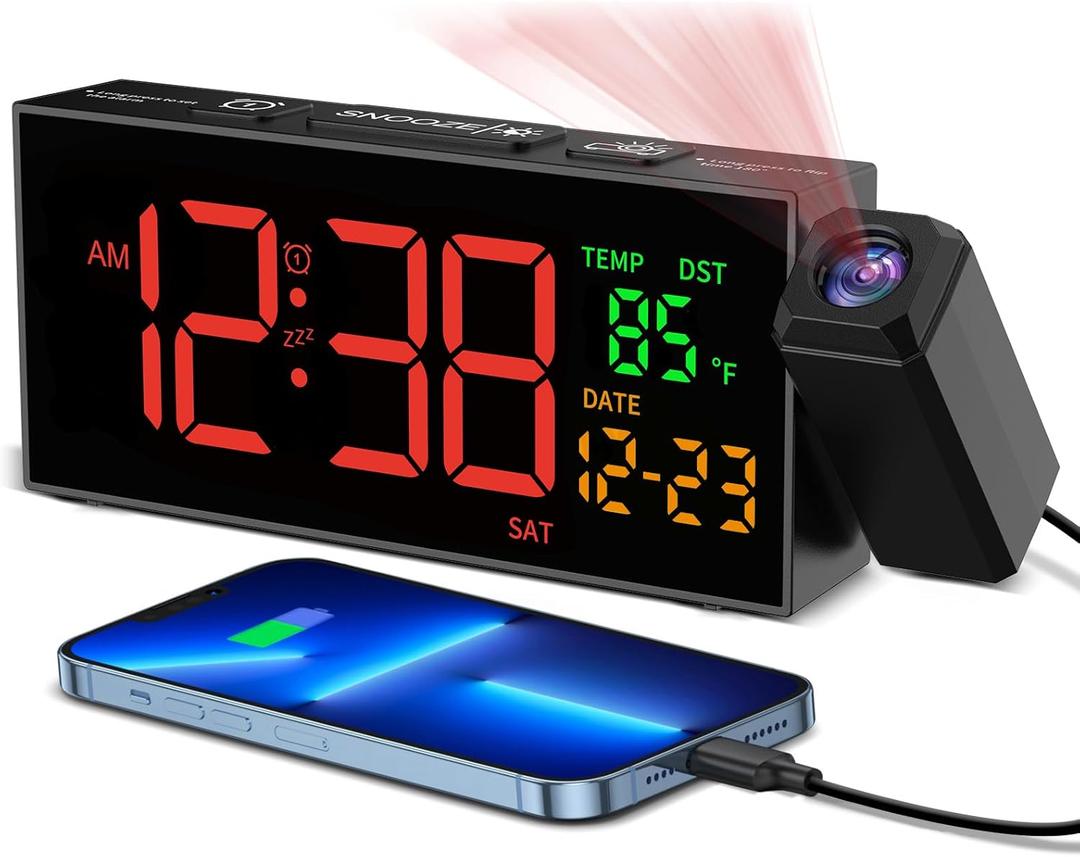 Netzu Projection Clock for Bedroom Ceiling, Alarm Clocks with 180 Rotatable Projector, Date Temperature and Weekday, Manual DST, 5 Brightness, 10 Ringtones, 4 Volumes and Snooze (Black and Red)