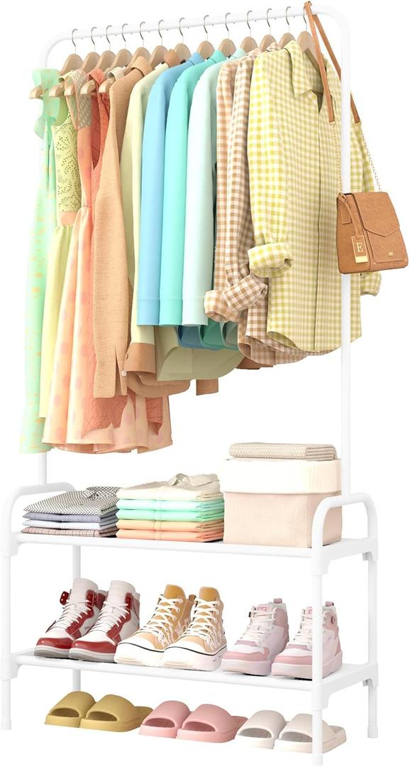 Sakugi Clothes Rack - Clothing Rack with 2-Tier Shoe Rack and Anti-Slip Stopper, Shoe Organizer for Entryway, Bedroom, or Laundry, White, 29"  12.2"  59.3"