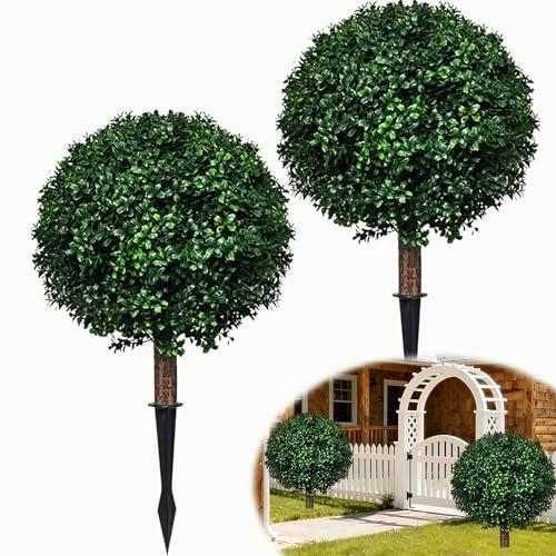 THKFUL Artificial Topiary Ball Tree Boxwood Ball Outdoor Set of 2,Fake Topiary Ball Plants for Porch -Boxwood Gazing Ball Everygreen Artificial Plants Faux Shrubs with Spike 17" for Garden Spring (Green)