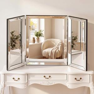 Trifold Vanity Mirror 21" W x 31" L, 3 Way Three Panel Folding Mirror 360 Viewing Angle Tabletop Wall Mounted for Makeup Braiding Hair Grooming Bedroom Bathroom Decor