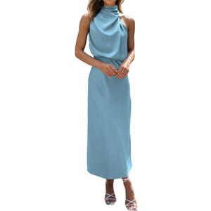 BTFBM Women's Sleeveless Cocktail Dresses Mock Neck Keyhole Elastic High Waist Wedding Guest Evening Party Maxi Dress(Solid Light Blue, X-Large)
