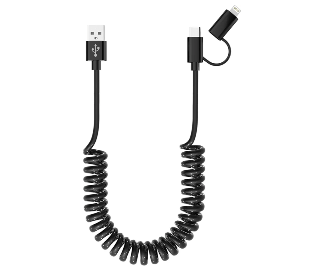 USB to USB-C and Lightning Cable Combo 2 in 1 Coiled Cable Support Apple Carplay & Android Auto [MFi & 3A Fast Charge & Data Sync] Coiled Lightning and USB C Cable for iPhone 17/16/15/14/13/12/Android