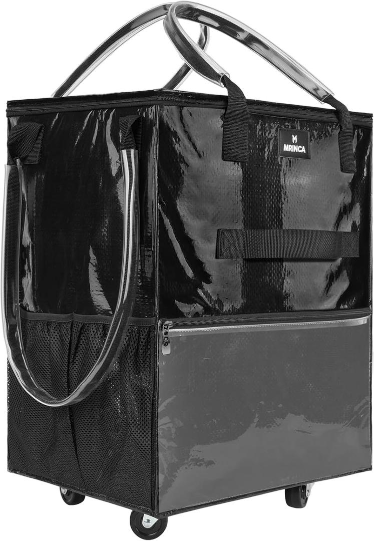 Reusable Grocery Bag On Wheels, Foldable Shopping Rolling Tote Bag with 6 Pockets, Shopping Trolley Cart with Zippered Top & 3-Way Handles, Heavy Duty, Lightweight for Moving, Camping, Small, Black