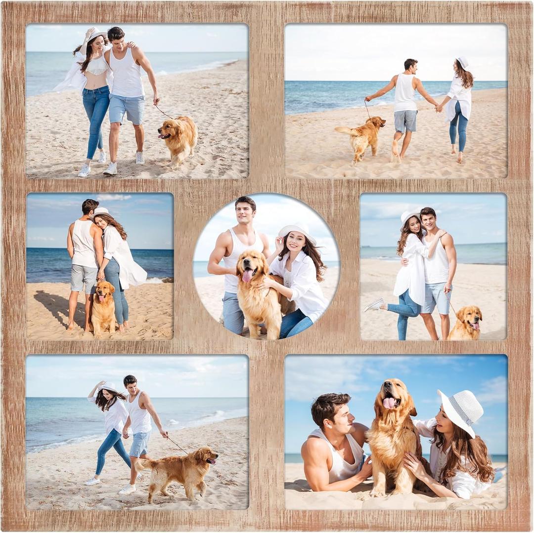 YESKAY 5x7 and 5x5 Collage Picture Frame,Display 7 Openings Photo Frames Rustic Brown Wood Frame with Real Glass,Family Picture Frames Wall Decor 1 Pack