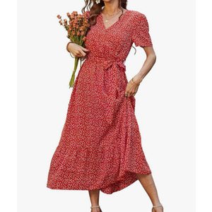 PRETTYGARDEN Women's Summer Floral Boho Maxi Dress Wrap Short Sleeve V Neck Ruffle A-Line Flowy Wedding Guest Long Dresses
M