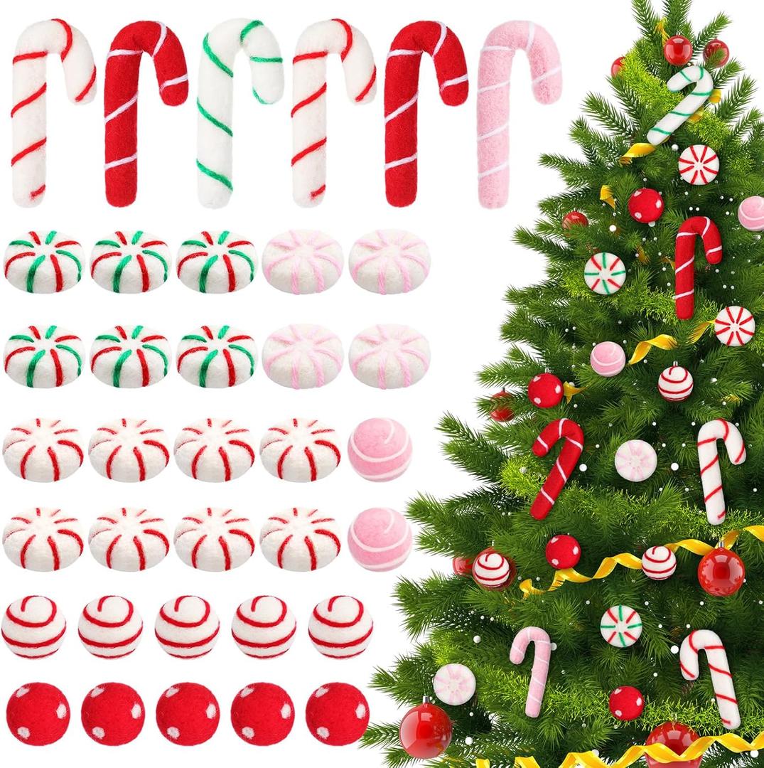 Syhood 36 Pcs Christmas Candy Cane Ornaments Felt Christmas Peppermint Ornaments for Xmas Tree, Xmas Hanging Decoration for Holiday DIY Crafts Party Favors(Classic Colors)