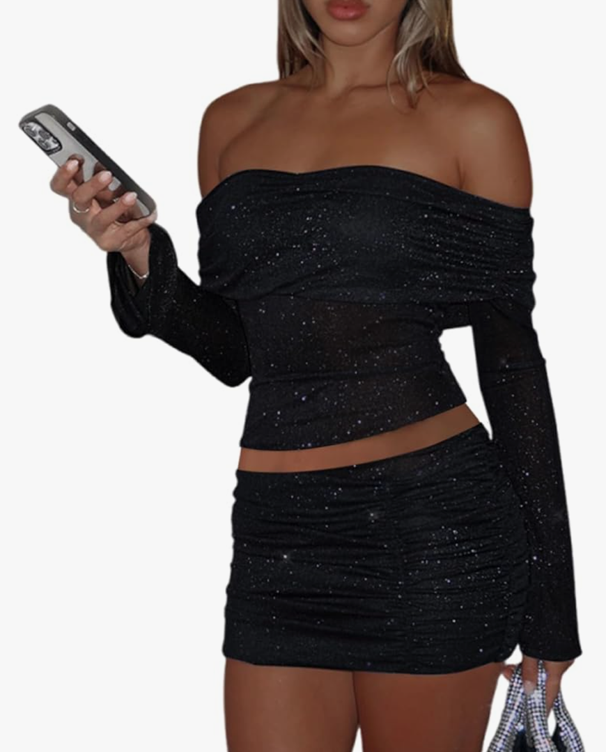 Womens Sexy Two Piece Outfits Mesh Off Shoulder Y2K Going Out Crop Top Bodycon Skirt Sets Long Sleeve Ruched Mini Dress, Size L