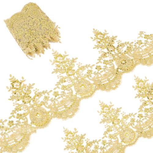 GORGECRAFT 3 Yards 9 Inches Width Sequin Flower Embroidery Lace Ribbon Metaillic Venice Edging Trimming Applique Sewing Lace Trim Floral Lace Crown Edge for Fabric Embroidered Wedding Bridal(Golden)