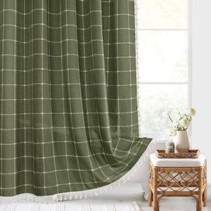 Gibelle Green Boho Farmhouse Shower Curtain with Tassels, Rustic Cottagecore Aesthetic Bohemian Chic Modern Bathroom Decor Thick Waffle Textured Fabric Shower Curtain Set with Hooks, 72x72