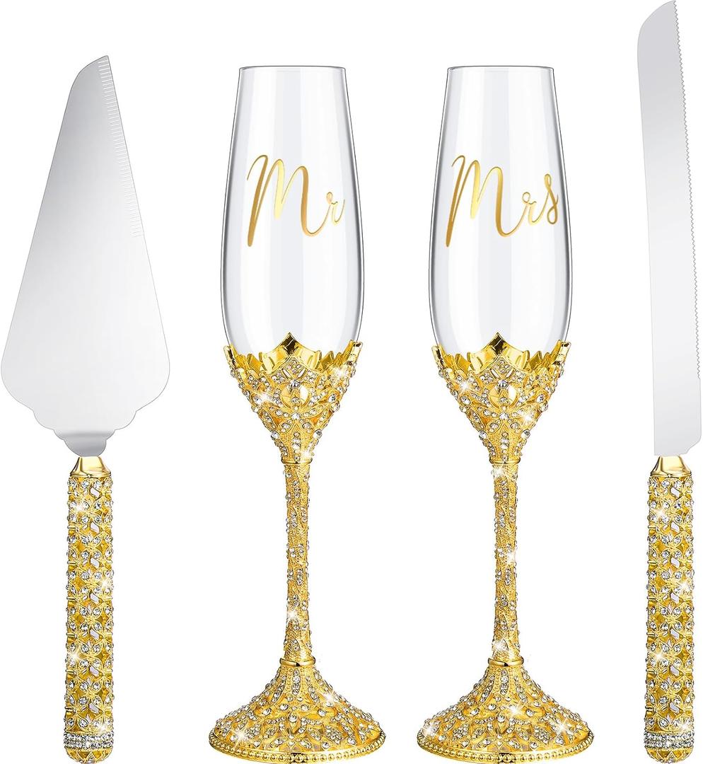 Sratte 4 Pcs Wedding Cake Knife and Champagne Flutes Server Set, Toasting Crystal Rhinestone Champagne Flutes Glasses Cake Knife Pie Server Wedding Gifts for Couple Bride Groom(Gold)