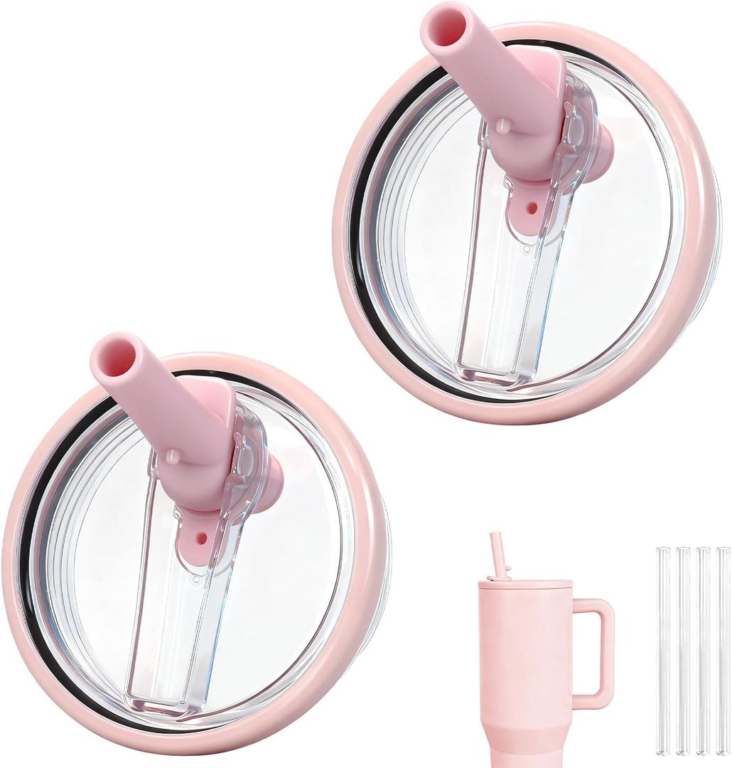 40oz Flip Straw Lid for HydroJug Traveler, Leak Proof Top Cap Replacement for HydroJug Tumbler, BPA-Free Dishwasher Safe Leak Resistant Cap with 4 Straws, Lids Accessories for Hydro Jug, Pink*2