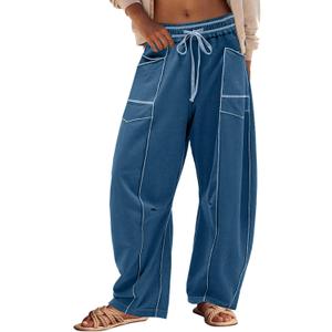 Panadila Womens Barrel Pants Drawstring Wide Leg Sweatpants Baggy Summer Lounge Pants Casual Beach Trousers (Blue, L)