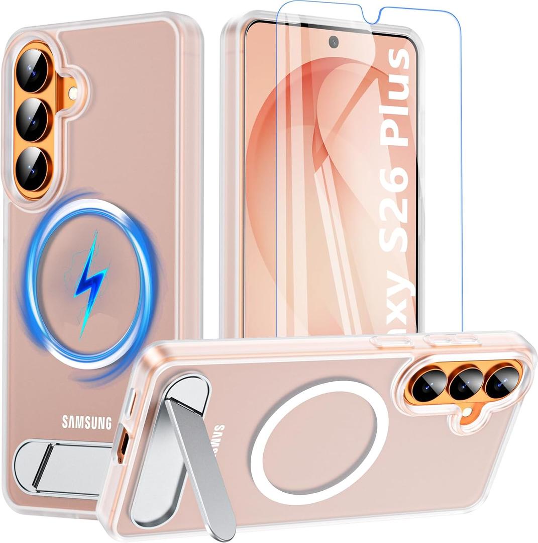 For Samsung Galaxy S26 Plus Case with Stand&Screen Protector,Strong Magnetic Galaxy S26 Plus Phone Case[Adjustable 3 Kickstand Ways] Military Protection Galaxy S26+ Case Slim Shockproof 5G Cover,Clear