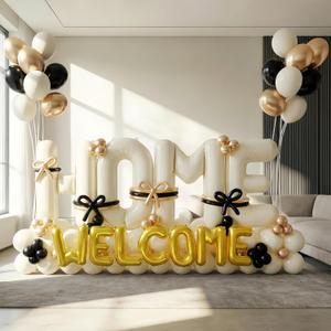 145Pcs Housewarming Party Decorations, 40Inch Beige Welcome Home Balloon Banner, Cream Ivory Black Gold Balloons for New Home Sweet House Warming Homecoming Party