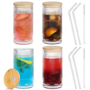 Salpae 16 Oz Ribbed Drinking Glasses with Lids and Straws, 2 Pack Iced Coffee Glasses Clean Water Glass Cups for Kitchen Juicing, Office, Travel