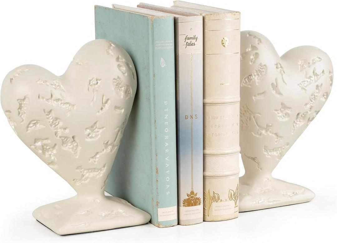Heart Shaped Bookends Set of 2, Decorative Book Ends for Shelves, Sculptural Heart Design Book Stoppers for Home Office & Romantic Decor (Cloud White)