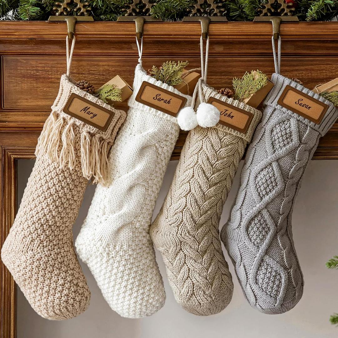 Personalized Knitted Christmas Stockings: 4 Pack 18 Inch Cable Knit Christmas Stockings, Cozy Hanging Xmas Stockings Boho Farmhouse Decorations for Family Holiday Dcor, White Gray Beige