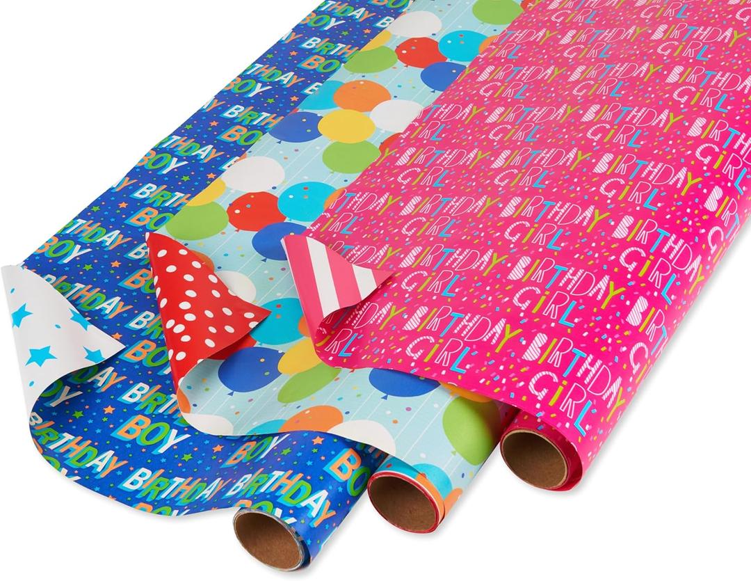 American Greetings Reversible Birthday Wrapping Paper, Stars, Polka Dots, and Balloons (3 Pack, 120 sq. ft)