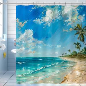 Plam Tree Beach Shower Curtain Coastal Teal Sea Ocean Shower Curtain for Bathroom 72x72 Inch Waterproof Fabric Bathroom Curtain with 12 Hooks Tropical Sky Beachy Bath Curtain Bathtub Decor