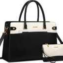 LOVEVOOK Laptop Tote Bag For Women Work, Vintage Leather Computer Bags For Laptops For Women, Waterproof Laptop Bag Business Briefcase Office Large Shoulder Handbag Purse, 17.3 Inch, Black-Beige