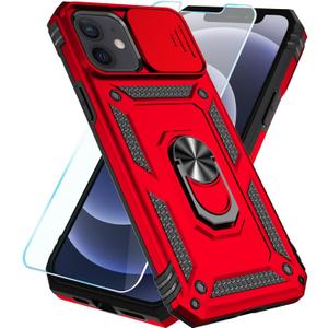 SunStory Red Case for iPhone 12/12 Pro | HD Screen Protector, Slide Camera Cover, Rotated Ring Kickstand, Military-Grade