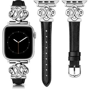 Wearlizer Slim Leather Band Compatible with Apple Watch Bands Women 38/40/41/42/44/45/46/49mm, Fancy Dressy Designer Thin Strap with Celtic Knot for iWatch Series 11 10 9 8 7 6 5 4 3 SE/Ultra 3 2 1 (Black/Silver)