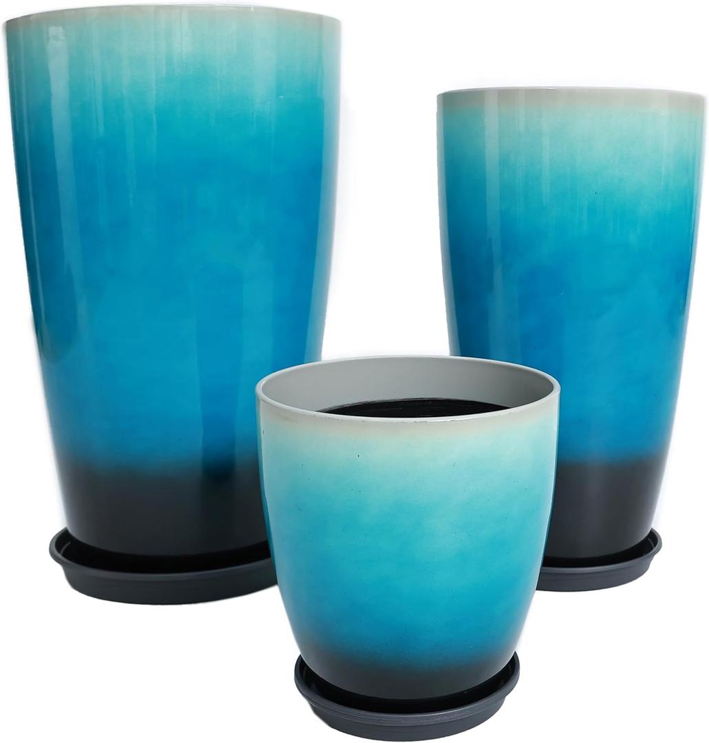24,21,11 Inch Large Plastic Planters with Drainage Hole and Saucer - Set of 3 Tall Plant Pots Indoor Flower Pot Tall Round Planters Outdoor Large Tall Planter (Blue Black Gradient)