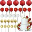 ASTARON 50 Pcs Ball Cake Topper Sticks Mini Balloons for Cake Decorating Supplies Foam Balls for Graduation Cake Birthday Cake Toppers Decorations (GoldRed Series)