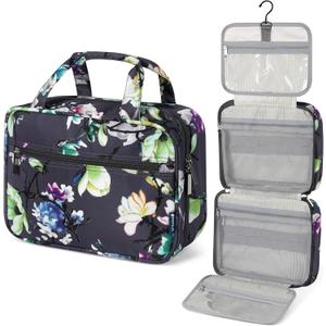 PAVILIA Hanging Toiletry Bag Travel Bag Women Men, Foldable Cosmetic Organizer, Roll up Makeup Bag, Water Resistant Accessories Toiletries, Large Travel Essentials Kit (Grey Floral)