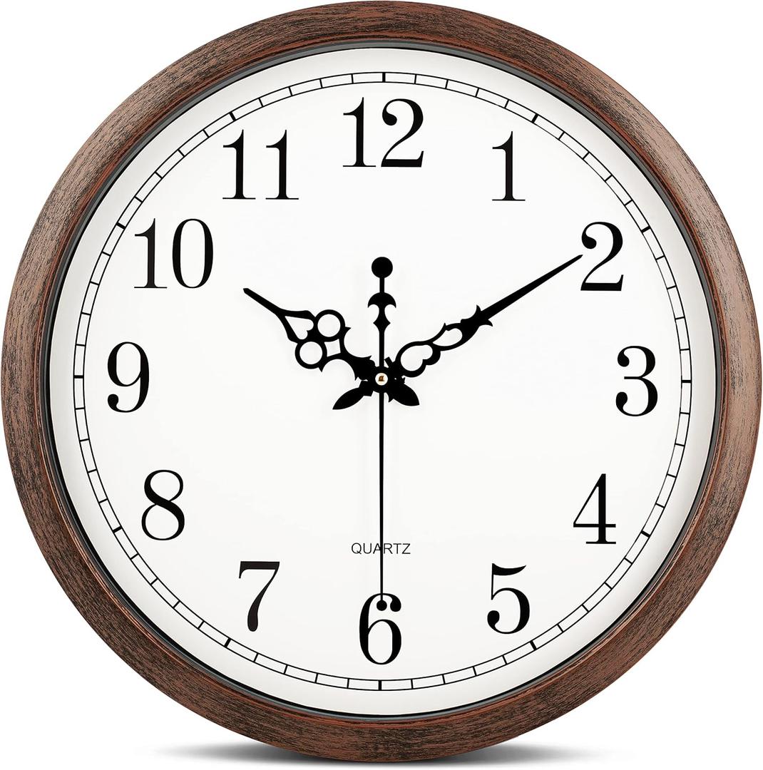 Bernhard Products Large Wall Clock 16 Inch Silent Non Ticking Movement Quartz Battery Operated Round Easy to Read Decorative Classic Brown Home/Kitchen/Office/Classroom/School Clocks, Black Numbers