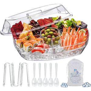 LIMOEASY Chilled Serving Tray, 15" Clear Plastic Party Platter with 4 Compartments, Ice Serving Bowl with Lid, Shrimp Cocktail Serving Dish, Cold Food Buffet Server for Fruit, Veggie, Appetizer, Sushi