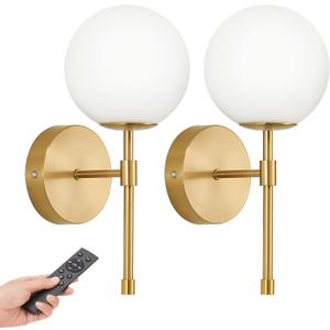 Battery Operated Wall Sconces Set of 2, Glass Globe Wireless Lights with Remote & Touch Control, Rechargeable Brushed Gold Sconce, 3 Color Dimmable Ambient Lighting for Bedroom Living Room, Straight Arm