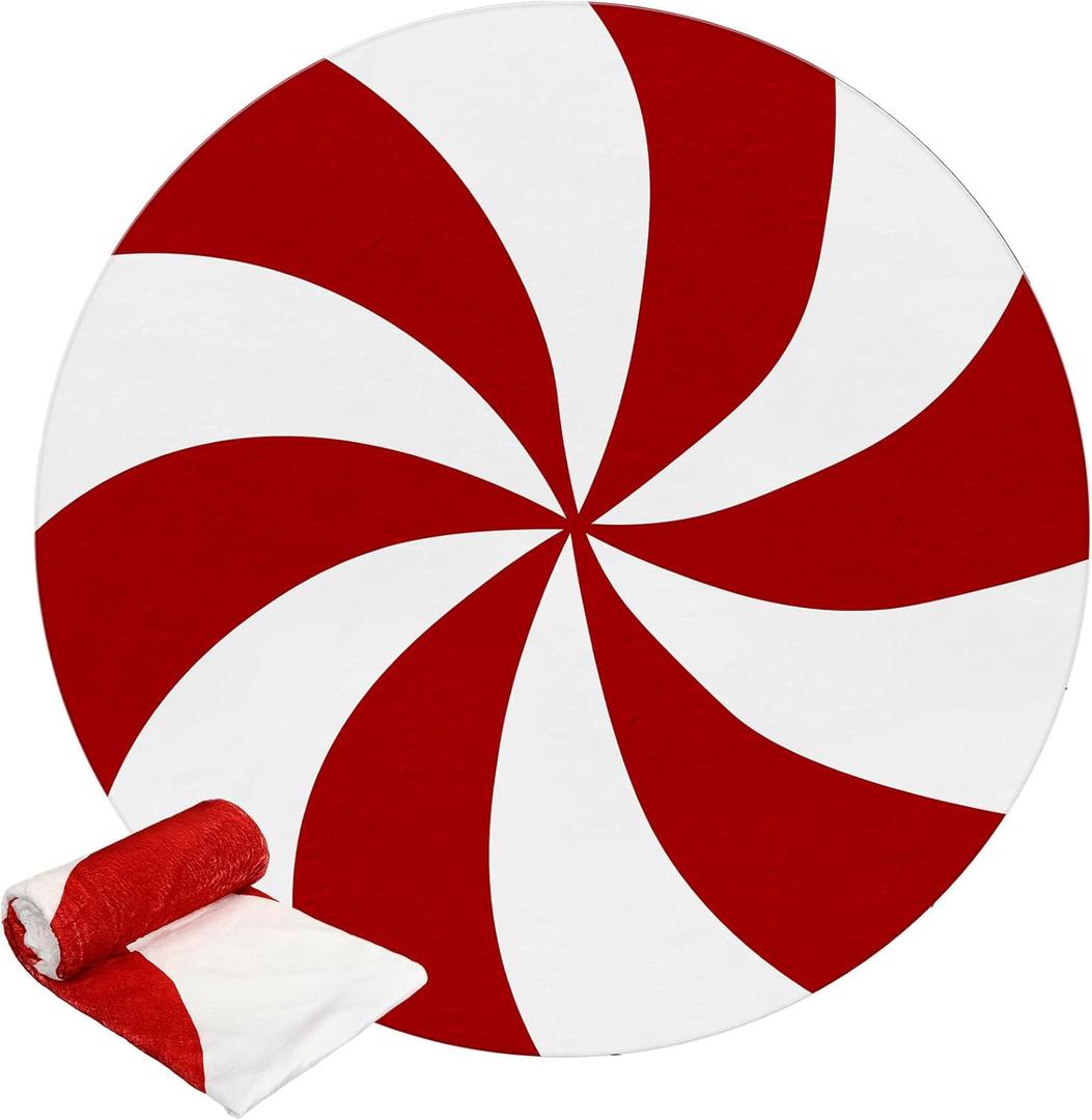 Christmas Candy Cane Blanket Round Plush Throw Blanket Warm Soft Christmas Throw Peppermint Blanket for Bed Sofa Living Room Bedroom Couch Holiday Winter Gifts, 70 Inches