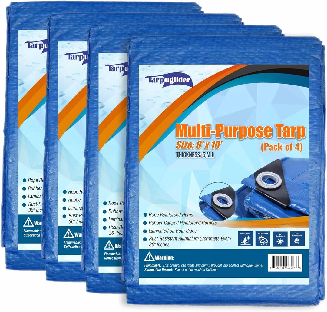 Blue Tarp Pack of 4 Tarps Heavy Duty waterproof 8x10 Large Multipurpose Poly Outdoor Tarps Cover 5 Mil Thickness Blue Tarpaulin Reinforced Rip Resistant Rubber Edges With Aluminum Grommets