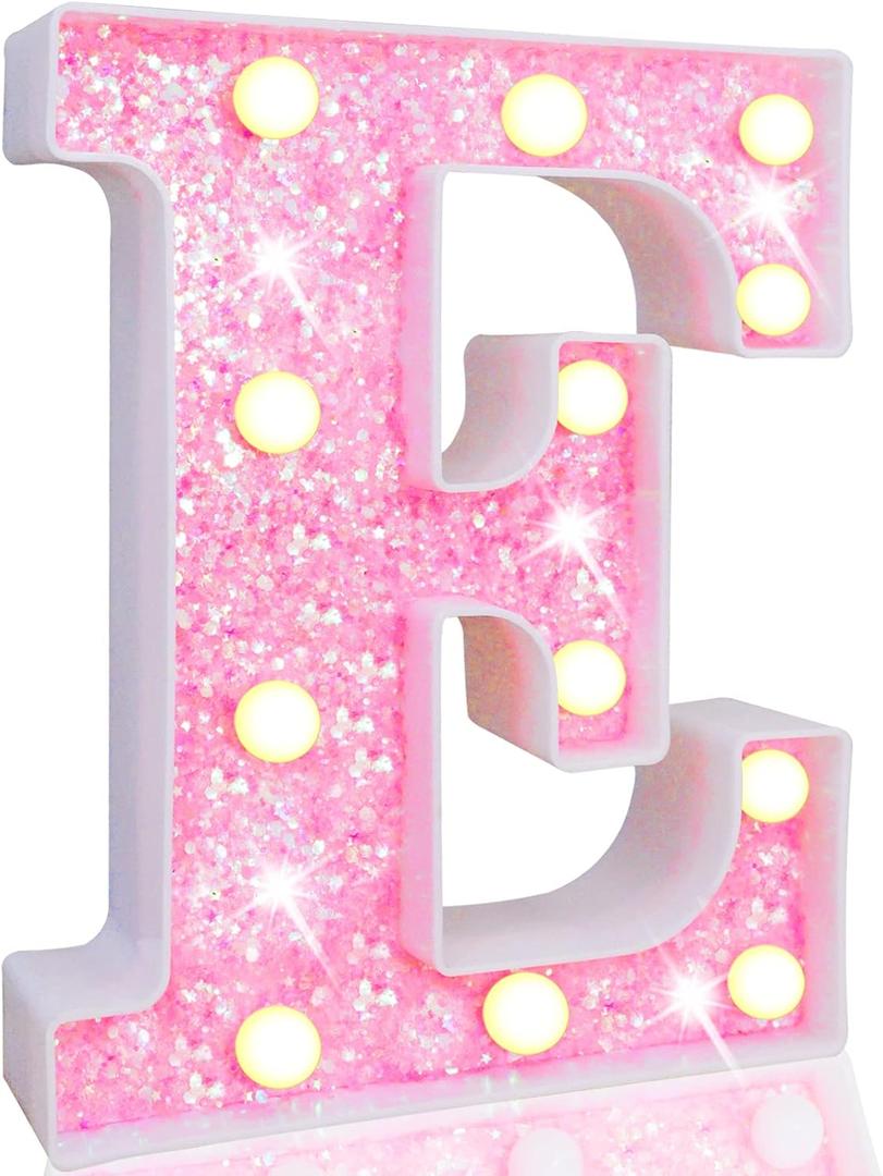 Pooqla LED Marquee Letter Lights, Light Up Pink Letters Glitter Alphabet Letter Sign Battery Powered for Night Light Birthday Party Wedding Girls Gifts Home Bar Christmas Decoration, Pink E