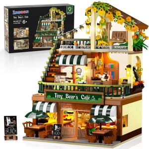 City Coffee House Building Set with Light, 1173 PCS Cafe Shop Building Block Toy with Ordering Counter Baking Room, House Construction Model Gift for Adults Teens Kids Boys Girls Ages 6-12+