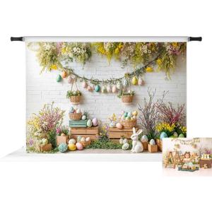 Kate Easter Floral Wooden Ladder Bunny Eggs Backdrop Photo Background Studio Props,10x8ft