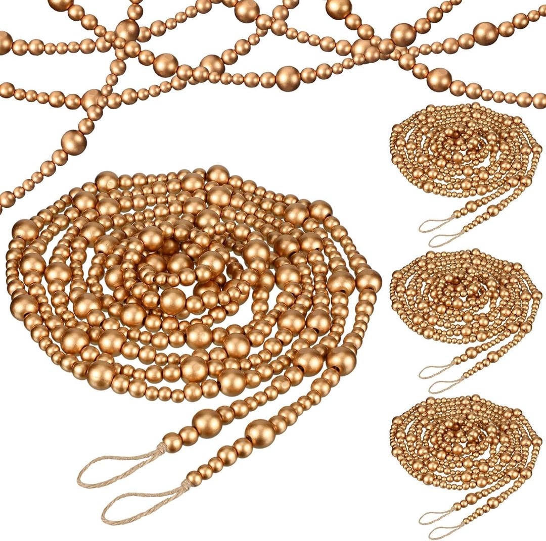 Loetere 4 Pcs 72 ft Christmas Tree Wood Bead Garland Christmas Wooden Beads Garland Hanging Boho Xmas Decor Rustic Farmhouse Home Decor for Table Wall Holiday Mantel Ornaments (Gold)