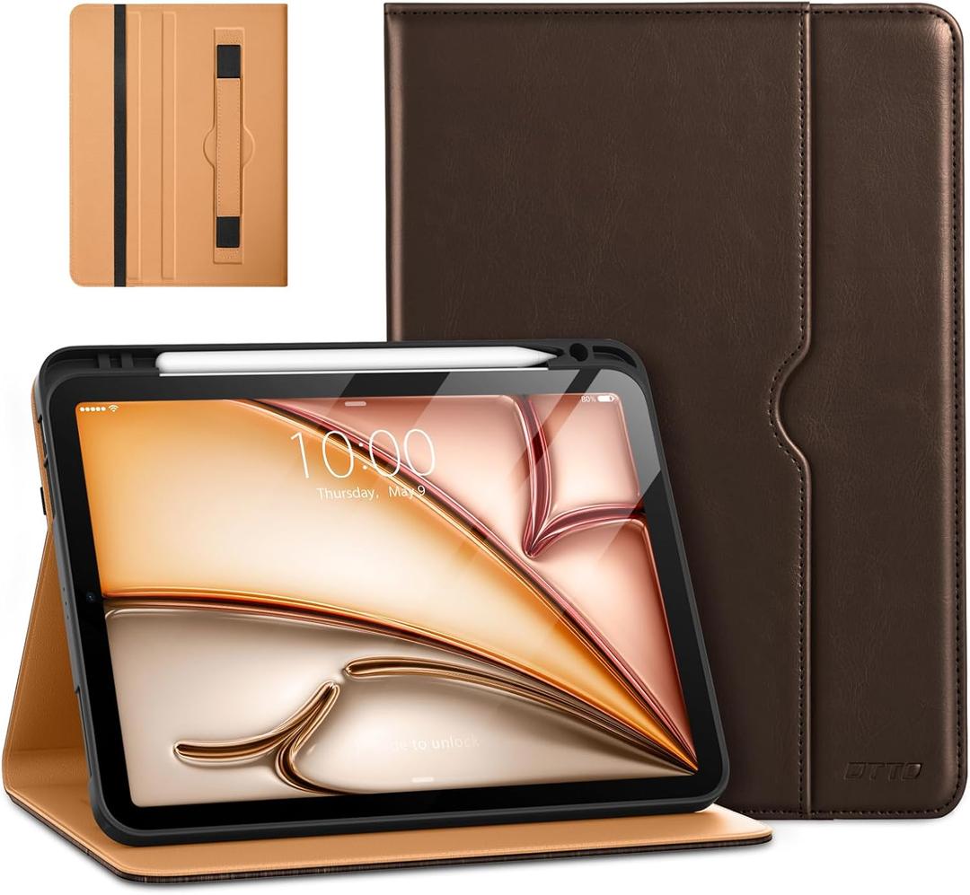 DTTO for iPad Air 11-inch Case M3/M2 (2025/2024), iPad Air 5th / 4th Generation (2022/2020), Premium Leather Business Folio Stand Cover with Pencil Holder - Auto Sleep/Wake, Brownish