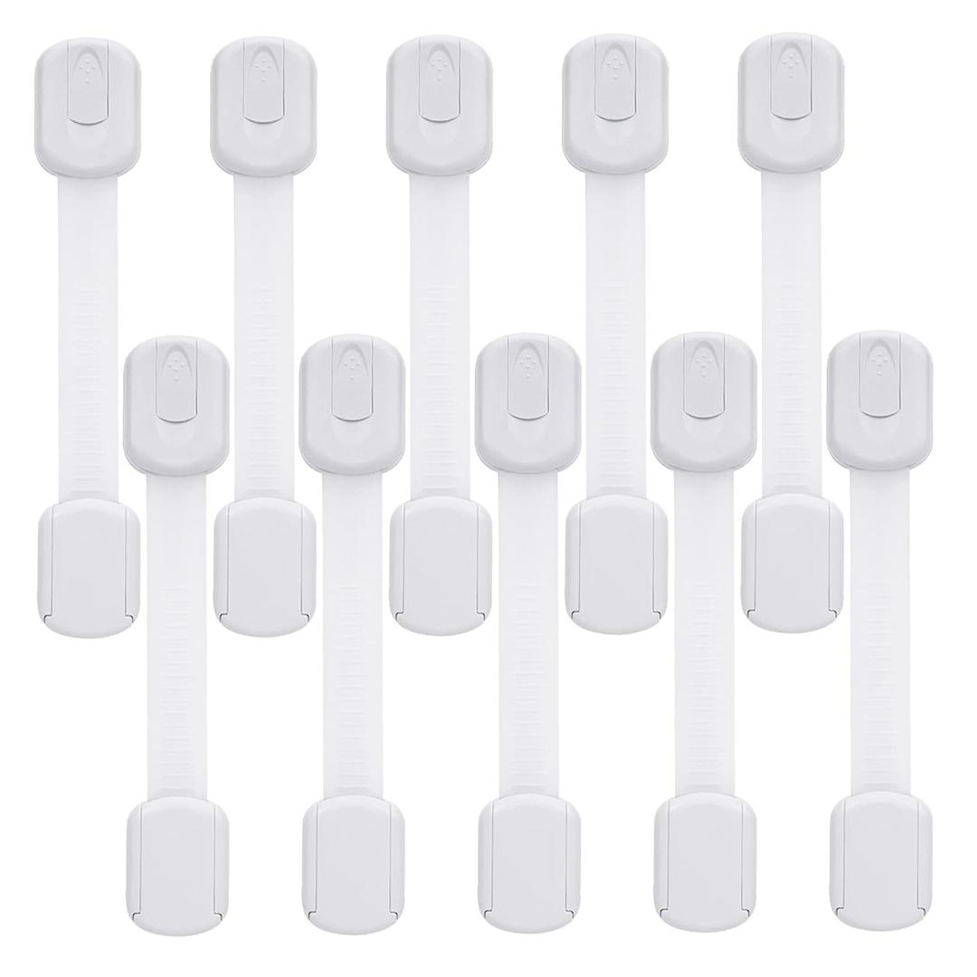 Goodv Child Safety Cabinet Locks - (10 Pack) Baby Proofing Latches to Drawer Door Fridge Oven Toilet Seat Kitchen Cupboard Appliance Trash Can with 3M Adhesive - Adjustable Strap No Drill No Tool (White)
