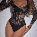 SweatyRocks Women's Sheer Floral Lace Long Sleeve Bodysuit Tops Sweetheart Neck Jumpsuit (Black, XS)