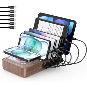 2025  Wireless Chargers for Multiple Devices: Presents for Him Her Multi USB Charging Station for Apple Device Charging Organizer, Tablet Charging Dock, Family Electronics Charging& 6 Cables (Walnut Color)
