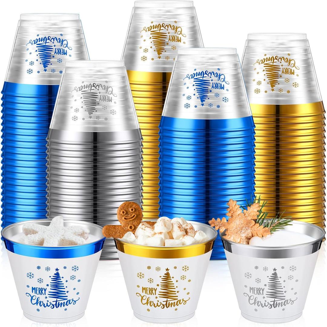 90 Pcs Disposable Christmas Cups 9 oz Hard Plastic Drinking Cups Christmas Tree Clear Wine Glasses Xmas Tree Tumblers for Holiday Coffee Drinking Hot Cold Party Supplies (Gold,Silver,Blue)