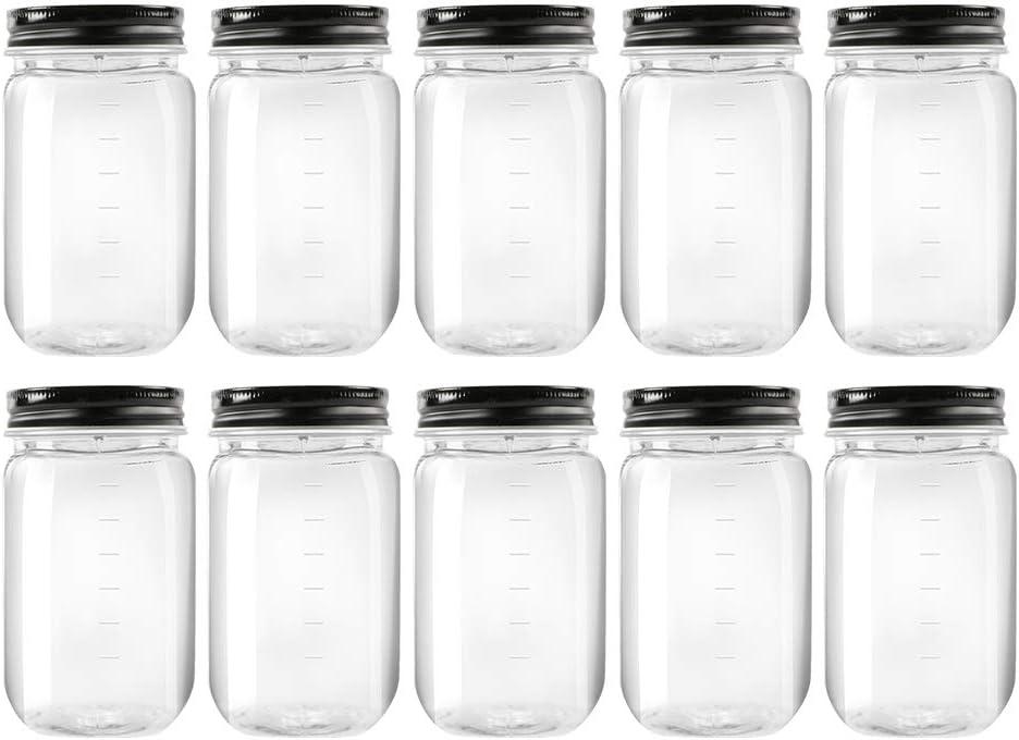 NovelinKs 16 Ounce Plastic Jars with Black Lids - Refillable Round Clear Containers - Storage for Kitchen & Household - BPA Free (10 Pack)